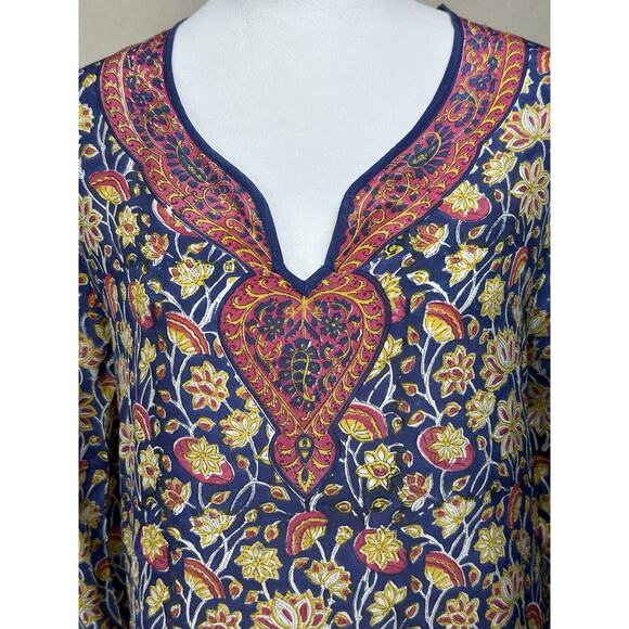 Tolani Size M 100% Silk Multi Color V Neck Long Sleeve Tunic Top Boho - Picture 2 of 14
